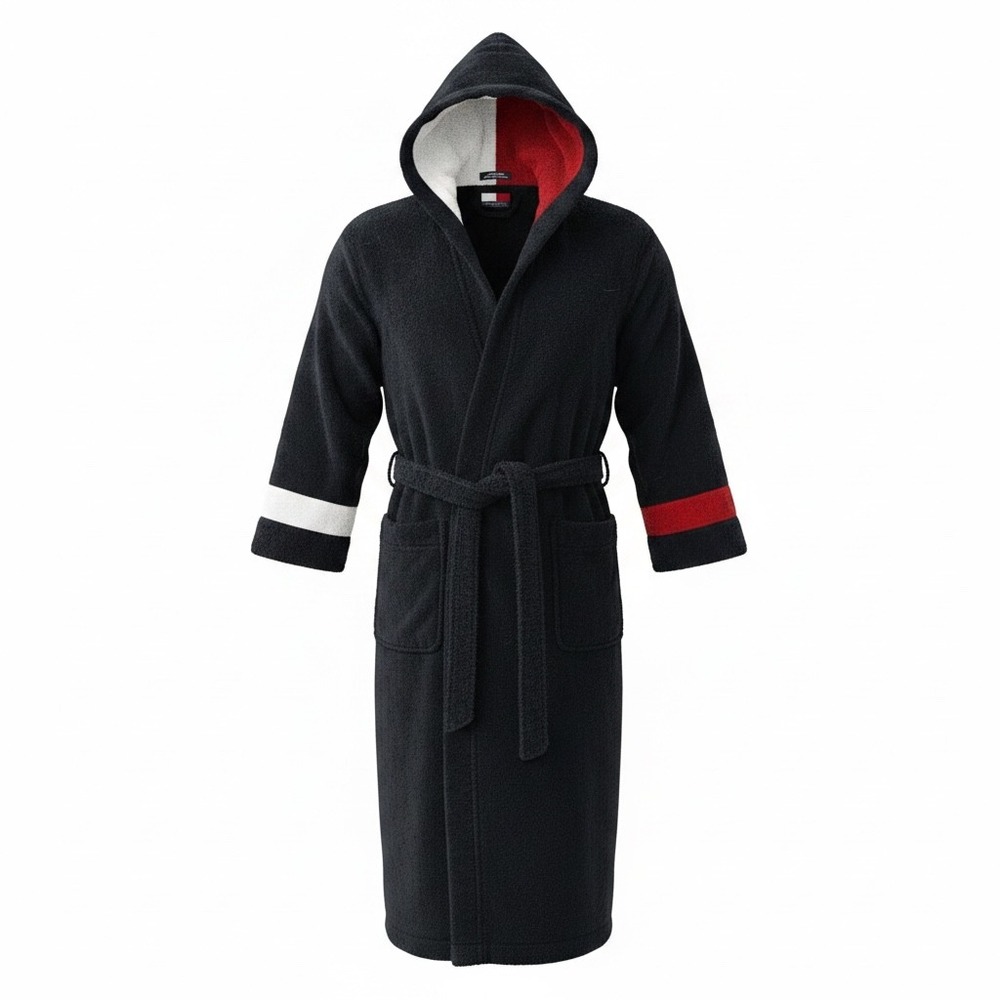 Tommy Hilfiger Hooded Bathrobe Navy Blue Cotton Terry Cloth One Size Unisex